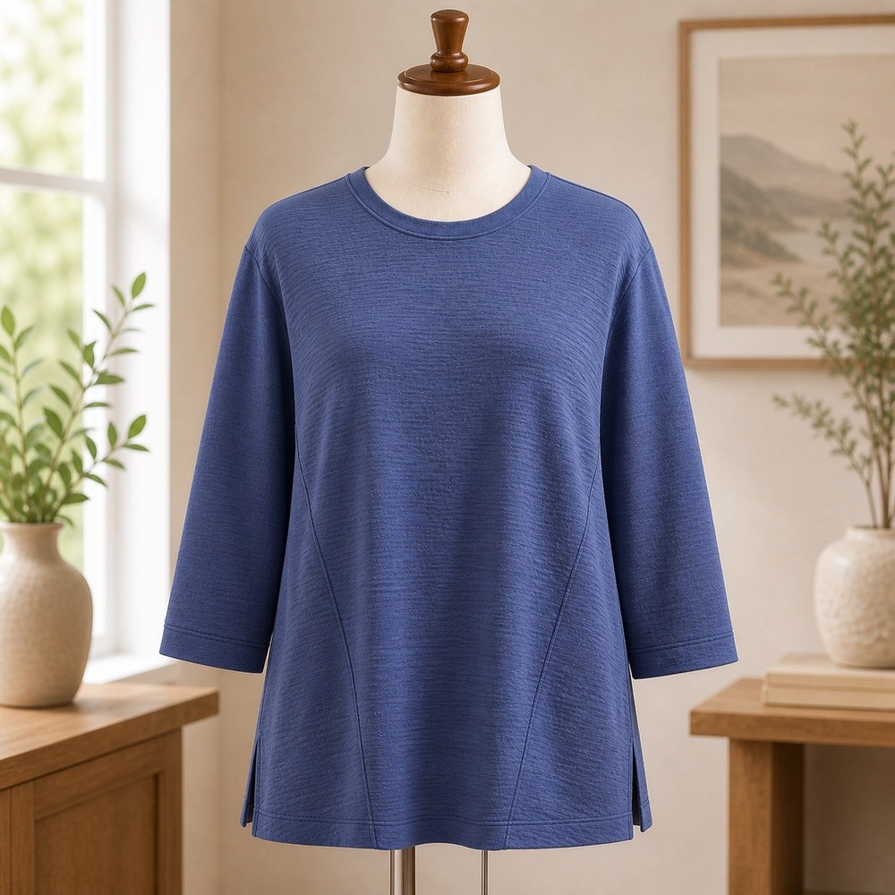 LOGO Lori Goldstein Blue Ribbed Knit Top Plus Size 1X Raw Edge High Low Hem